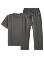 Men waffle knit casual short sleeve top and trousers set detail grey comfortable loungewear - Dark Gray