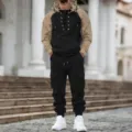 Detail shot of men colorblock hoodie and cargo pants tracksuit, casual streetwear design. - S / Top And Bottom / Black