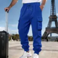 Men's fleece cargo sweatpants casual loose winter joggers with multi pockets and drawstring. - Blue
