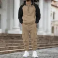 Detailed view of men's fleece-lined raglan sleeve hoodie and multi-pocket cargo pants set. - S / Top And Bottom / Khaki