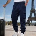 Mens fleece cargo sweatpants loose casual joggers winter trousers with pockets detail view - Navy Blue