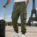 Men's fleece-lined olive green cargo sweatpants with multi-pockets and drawstring waist. - Army Green