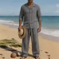 Men's casual linen long sleeve shirt and pants set, breathable beachwear for summer vacation. - S / Top And Bottom / Gray