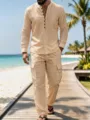 Detailed view of the casual linen shirt and cargo pants set on a scenic beach boardwalk. - S / Top And Bottom / Khaki