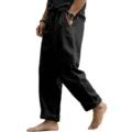 Men's casual linen pants, loose straight leg cotton blend trousers for daily wear. - S / Black