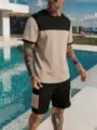 Set t-shirt manica corta colorblock e pantaloncini cargo uomo vista dettaglio estate. - Taglia S / Top e Pantaloni / Kaki