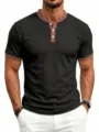 High-end waffle knit mens polo shirt contrast color short sleeve summer casual top. - S / Black