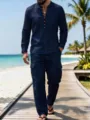 Detailed view of men's casual long sleeve linen shirt and cargo pants set for outdoor wear. - Navy Blue
