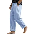 Vista dettagliata di pantaloni casual in lino azzurro da uomo con coulisse e vestibilità. - Azzurro