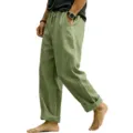 Pantaloni casual in lino da uomo, taglio dritto ampio e traspirante in misto cotone. - Verde militare