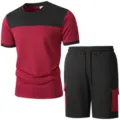 Completo uomo t-shirt e pantaloncini cargo colorblock abbigliamento sportivo estivo - Taglia S / Top e Pantaloni / Borgogna
