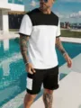 Set t-shirt manica corta colorblock e pantaloncini cargo uomo abbigliamento estivo. - Taglia S / Top e Pantaloni / Bianco