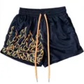 Men's summer mesh sports shorts with flame print, breathable quick dry fitness running shorts. - S / Navy and Orange