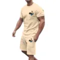 Men summer short sleeve t shirt shorts tracksuit set tropical beach print casual wear - S / Khaki