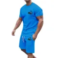 Mens Summer Tropical Print Short Sleeve T-Shirt and Shorts Casual Sports Set - Light Blue