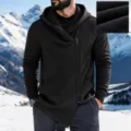 Men's Fleece Asymmetrical Zip Hoodie Winter Casual Warm Long Sleeve Hooded Jacket - Black