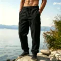 Men's black casual cargo jogger pants, lightweight breathable cotton linen pants with pockets. - S / Bottoms / Black