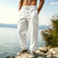 Men's white casual cargo pants cotton linen loose fit multi-pocket trousers with cuffed ankles - S / Bottoms / White