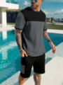 Set due pezzi estivo da uomo con t-shirt colorblock e pantaloncini cargo casual sport - Taglia S / Top e Pantaloni / Grigio