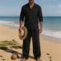 Men linen casual long sleeve shirt and pants set, perfect for beach holiday and daily wear. - S / Top And Bottom / Black