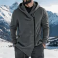 Men's fleece-lined asymmetric zip hoodie jacket featuring a unique diagonal zipper for winter. - Dark Gray