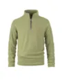 Men's olive green fleece half-zip sweatshirt detail view, soft mock neck and long sleeves. - S / Tops / Olive Green