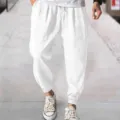 Men's casual loose summer breathable cuffed beach trousers solid color comfortable wear - S / White