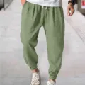 Casual men's summer green pants detail, breathable loose cuffed design for daily wear. - S / Light Green