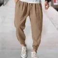 Men's casual loose cuffed trousers summer breathable solid color beach pants khaki - Dark Khaki