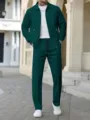 Completo Tuta Sportiva Verde Uomo Giacca Zip Tasche Pantaloni Casual Autunno Outfit - Verde Scuro