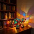 Beautiful stained glass turtle night light with colorful glowing pattern on desk - Turtle Night Light (Button Battery)