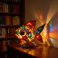 Detail of stained glass style fish resin night light casting colorful light on wall - Goldfish Night Light (Button Battery)