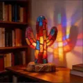 Detailed view of cactus resin night light projecting colorful stained glass patterns - Cactus Night Light (Button Battery)