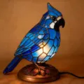 Veilleuse artistique oiseau bleu style Tiffany avec socle en bronze vintage - Lampe oiseau bleue