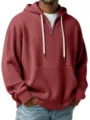 Men's Ribbed Knit Quarter Zip Hoodie Dark Red Variant Style Classic Casual Long Sleeve Top - Burgundy