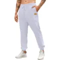Men's solid white casual jogger pants with drawstring waist and stylish pocket patch. - White