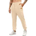 Men's casual athletic sweatpants with elastic drawstring waist and cuffed ankles in solid khaki color. - Beige