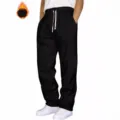 Casual black sweatpants for men and women, comfortable fleece lined joggers with white drawstrings. - Black