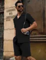 Herren Sommer lässig strukturiert kurzarm Knopf Strickhemd und Shorts Set Strand. - S / Oberteil und Unterteil / Schwarz