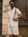 Uomo estate casual lavorato a maglia manica corta camicia e pantaloncini set spiaggia - Kaki
