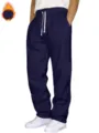 Detail view of solid color casual sweatpants with adjustable drawstring for running fitness. - Navy Blue