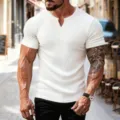 Detailed view of the men's white ribbed V-knit short sleeve t-shirt, casual summer fashion. - S / Tops / White