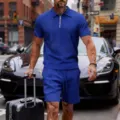 Men's summer casual blue textured polo shirt and shorts set with zipper collar detail. - Blue