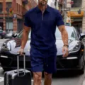 Men casual solid navy blue polo zipper short sleeve shirt and shorts set for summer fashion wear. - Navy Blue