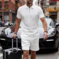 Men's summer casual solid color zip polo shirt and shorts set with textured geometric design. - S / Top And Bottom / White