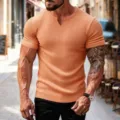 Men's solid color ribbed short-sleeve T-shirt with V-neck design, casual slim fit style. - S / Tops / Orange