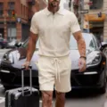 Men's casual knit short sleeve zip polo shirt and matching shorts set in solid beige color. - S / Top And Bottom / Apricot