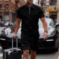 Men's casual black zip polo shirt short sleeve set with geometric pattern for summer daily wear. - S / Top And Bottom / Black