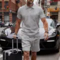 Men casual textured short sleeve zip polo shirt and matching shorts set for summer streetwear. - S / Top And Bottom / Light Gray