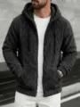 Men's dark grey fleece zip hoodie casual autumn winter thermal knitted outerwear jacket. - S / Tops / Black